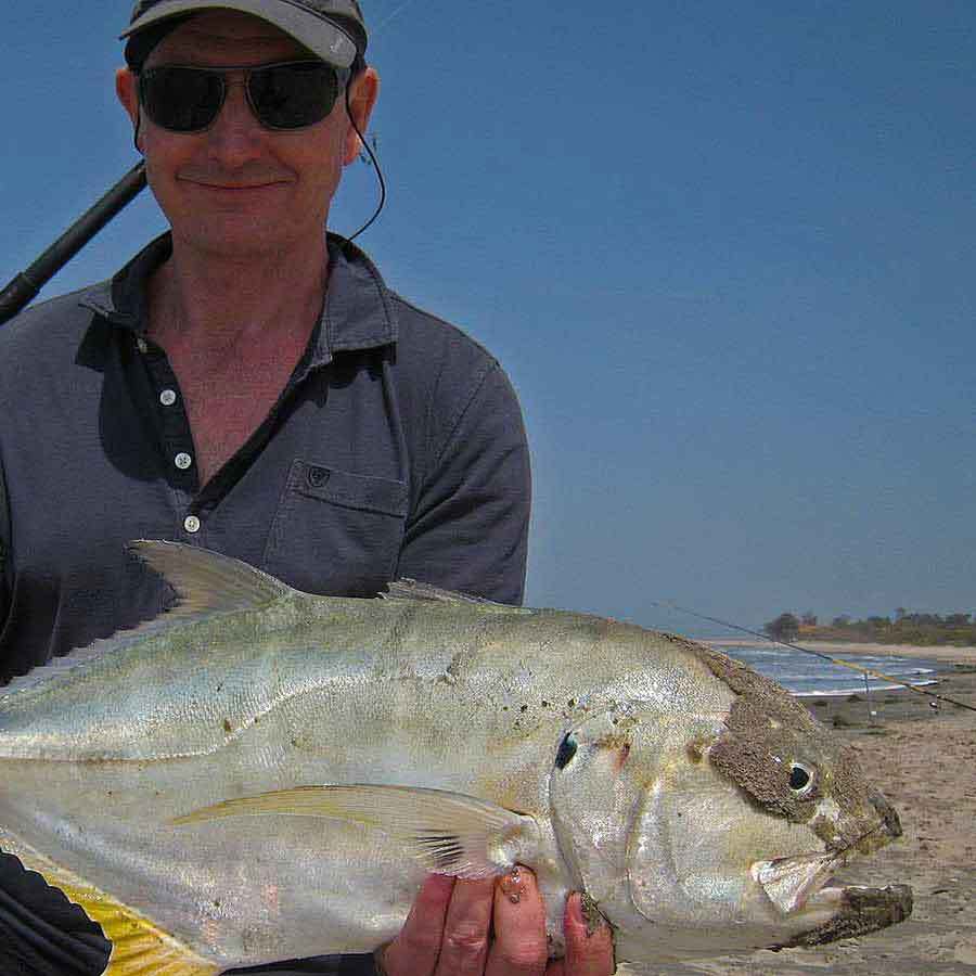 Shore fishing in surfcasting on the beach at Abéné